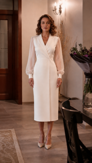Сукня First Lady — елегантна атласна сукня міді з перлинними рукавами